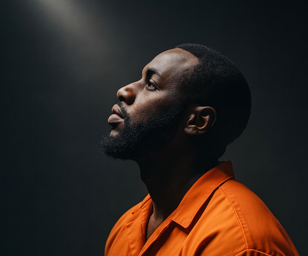 Man in an orange prison uniform looking upward in prayer