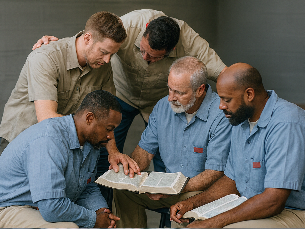 Images of Bible studies, prayer circles, and reentry classes inside Folsom State Prison