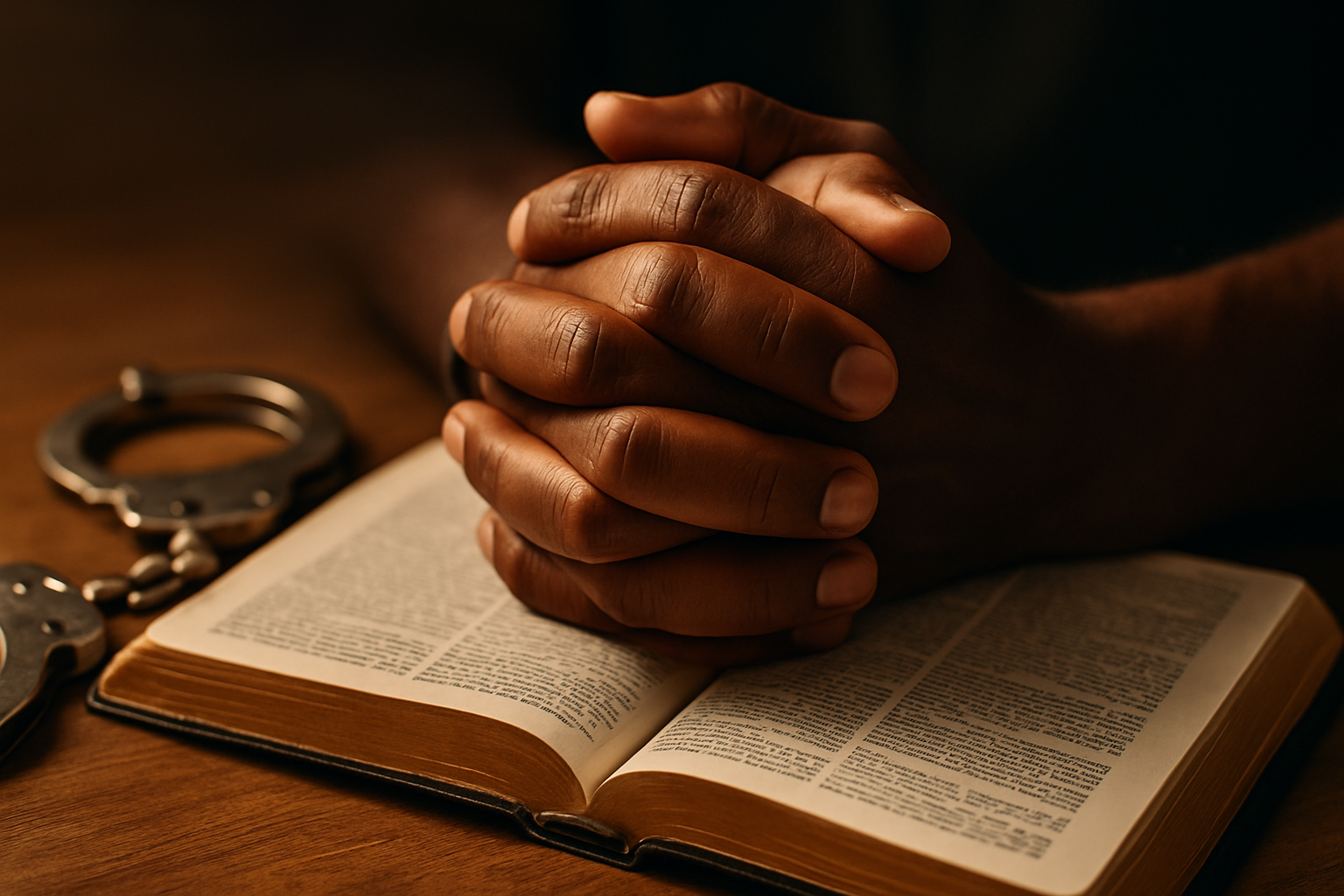Hands folded in prayer in an orange prison uniform