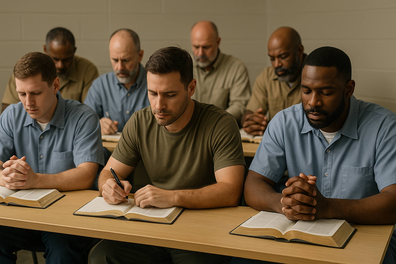 Volunteers and incarcerated men praying together in a circle