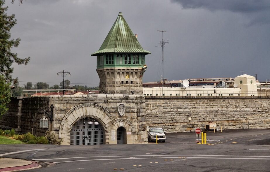 Folsom State Prison exterior and guard towers at sunset